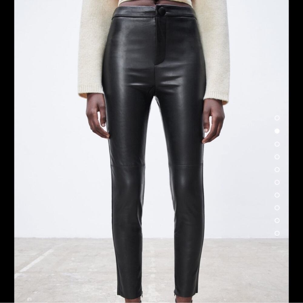 NWT Zara High Rise Skinny Pants Faux Leather Black sz S Zipper Hem Stretch Vegan